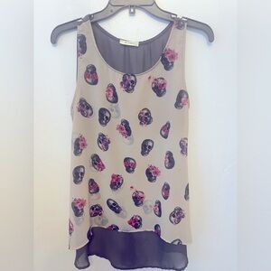 Grey/ Purple/ Pink Dia de los Muertos sugar skull sheer graphic tank size M